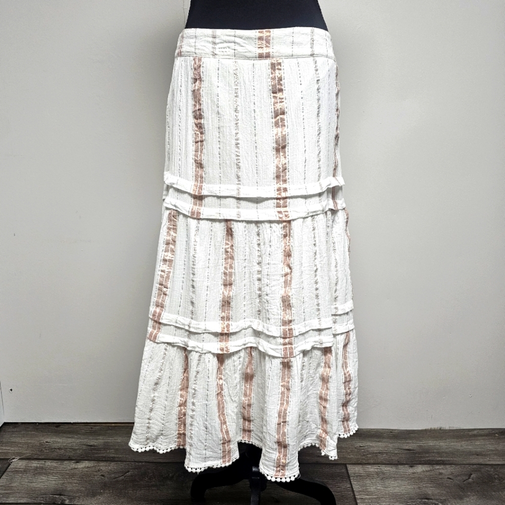 Versona White Rose Gold Stripe Tiered Flowy Boho Fringe‎ Midi Skirt Summer
